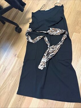 Zara Black Midi Dress with Leopard-Print Belt